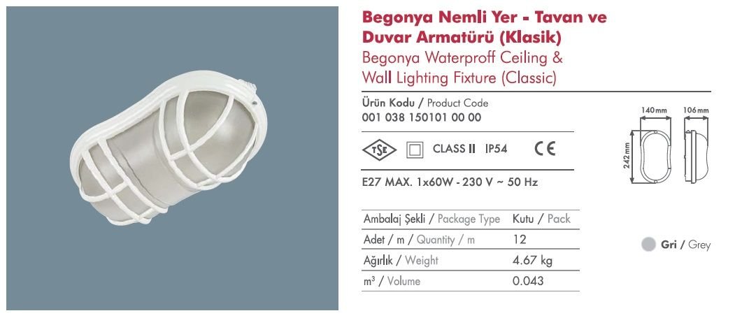 Mutlusan Begonya Nemli Yer Tavan Armatürü (Klasik)
